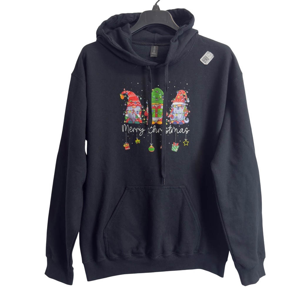 Gildan Softstyle Midweight Black Merry Christmas Gnomes Hoodie Medium NEW